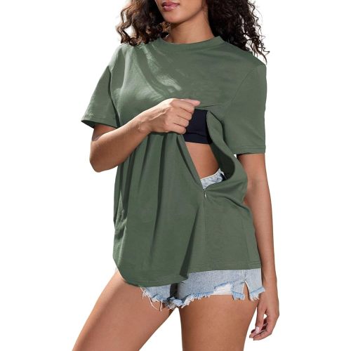 Women's Nursing T-Shirt Short Sleeve Maternity Shirt for Breastfeeding Cotton with Hidden Zipper