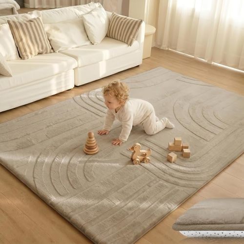 Huloo Sleep Ultra Soft Fluffy Baby Play Mat for Floor,1.3" Thick Cushion Padded Kids Rug with 3D Carved Faux Rabbit Fur,Non-Slip Large Carpet Nursery Rug Area Rug for Playroom Living Room(Light Brown)