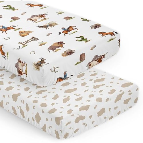 Sweet Jojo Designs 2-Piece Baby Crib Sheets Set (Western Cowboy) for Boys, Infant Nursery, Toddler Room - Fitted, Standard Size (Cow Print, Country, Wild West, Southern Charm, Horse, Farm Animal, Tan)