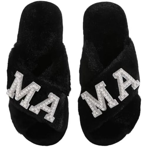 MAMA Slippers for Women Fuzzy Indoor House Slippers with Pearls Gift for New Mom Mothers Day Gift