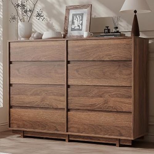 53" Wide Dresser for Bedroom,Walnut Mid Century Modern Dressers with 8 Drawers, Adequate Capacity Storage,Closet Clothes Organizer for Bedroom