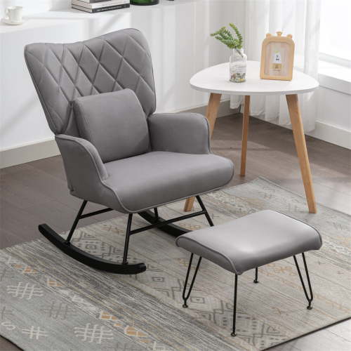 Aukfa Nursery Rocking Chair with Ottoman & Lumbar Pillow Set, Leather, Gray