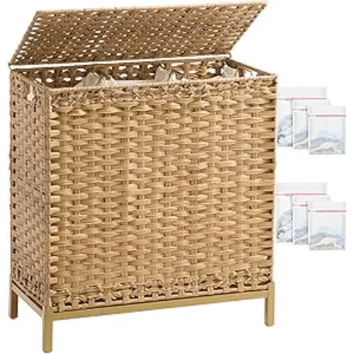 Laundry Hamper with Lid 132 L, (35 Gallons) Clothes Hamper with Lid, Handwoven Rattan Laundry Hamper with Metal Heightened Feet, Laundry Hampers with 3 Removable Liner Bags for Laundry-Natural