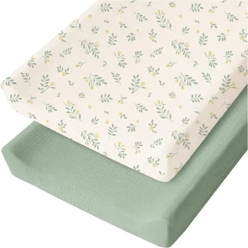 Konssy Muslin Changing Pad Cover for Baby Girls Boys, 100% Cotton Fitted Diaper Chang Table Covers, Soft Breathable Changing Pad Sheets, 2 Pack (Leafy,Green)