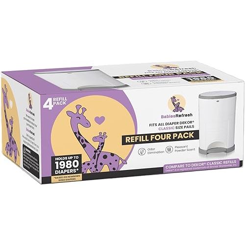 Refills Compatible with DEKOR CLASSIC Diaper Pail Refills | 4 Pack | Diaper Pail Odor Eliminator| Fresh Powder Scent | Each Diaper Bag Refill Holds up to 1980 Diapers | Diaper bin refill