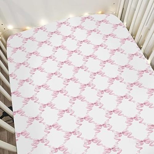 Pink Bows Ribbon Baby Crib Sheets for Girl 52"x28" Pastel Pink Ribbons Soft Stretchy Fitted Crib Mattress Covers Watercolor Bows Girly Nursery Baby Sheet for Standard Crib & Toddler Mattress Pad
