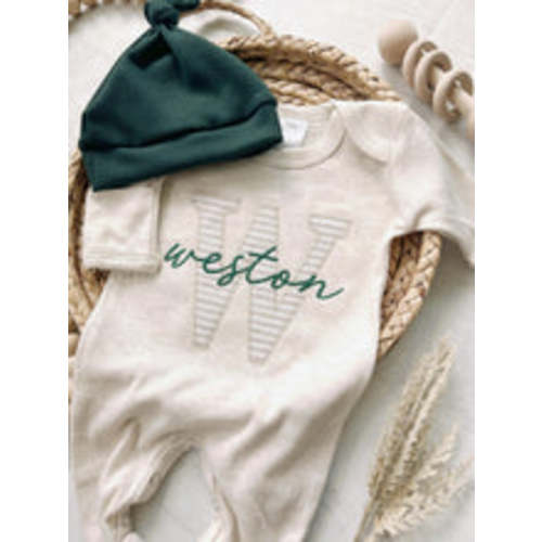 Personalized Baby Boy Newborn Outfit | Oatmeal Romper Big Letter Fores – Wonderfully Made