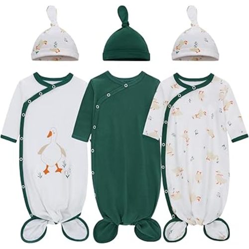 LAT Newborn Knotted Gown for Boy Girls,Baby Tie Gown Nightgown,Baby Sleeper with Matching Hat Set 3 Pack,Sleepwear Romper Sleeping Bags Outfits Home(Yellow Duck+Green,0-3months)