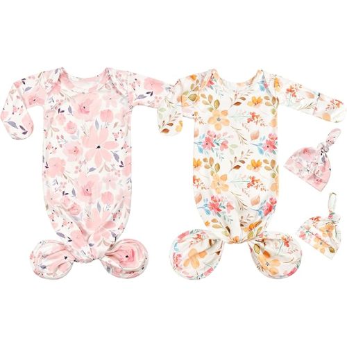 Newborn Baby Knotted Gown Sleeper Gown with Mittens Long Sleeve Nightgown Baby Coming Home Outfit with Hat 2 Pieces