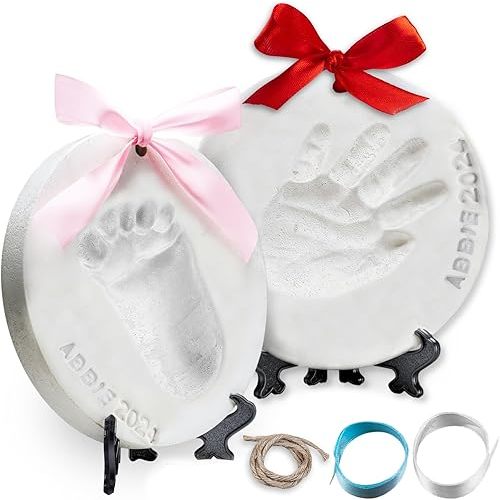 Little Hippo Baby Ornament Keepsake Kit (Newborn Bundle) - 2 Easels, 4 Ribbons & Letters! Handprint and Footprint Clay Casting Kit for Baby Shower Gifts, Boys & Girls