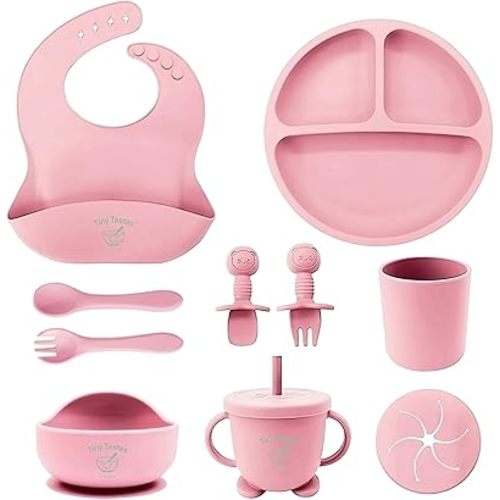 10-Piece Silicone Baby Feeding Set – BPA-Free, Spill-Proof Suction Plate, Bowl, Bib, Snack Cup & Utensils | Dishwasher Safe, Baby Gift Ready (Light Pink)