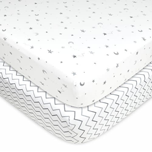 American Baby Company 2 Pack 100% Natural Cotton Fitted Crib Sheets 52" x 28" - Soft, Breathable, Hypoallergenic & Gentle Toddler Bed Sheets, Gray Star/Gray Zigzag, Neutral for Boys & Girls