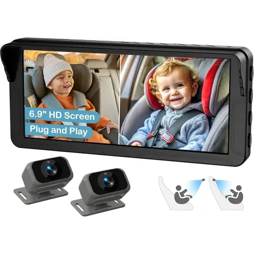 Dual Baby Car Camera for 2 Kids – 6.9” Split-Screen HD Display, Infrared Night Vision, Easy Installation, Backseat Camera for Infant & Toddler Safety, Compatible with All Car Models