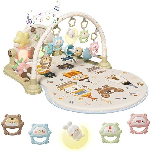 Baby Play Gym Mat - Funny Play Piano Activity Playmat with 5 Infant Learning Detachable Toys for Sensory Development, Music and Lights Tummy Time Mat Newborns Gifts for 0-12 Months