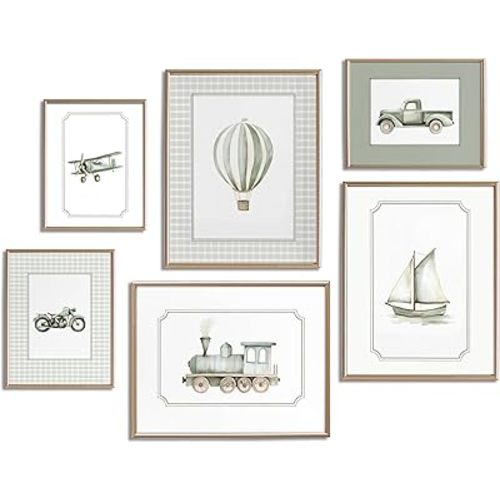 Set of 6 Sage Green Nursery Wall Art Boys Room Canvas Poster Kids Wall Decor Vintage Vehicle Prints Baby Toddler Pictures Transportation Plane Train Painting Artwork for Bedroom 12"x16" Unframed