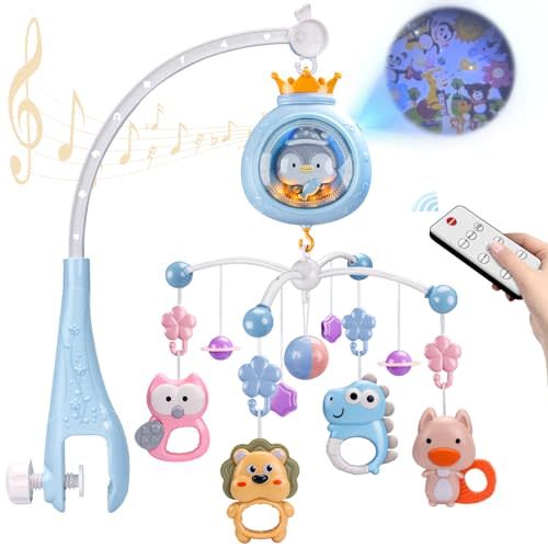 Crib Mobile with Music and Lights,Mobiles for Cribs, Baby Mobile Arm Toys Hanging for Girls Boys Infants 0-6 6-12 Months, Bassinets Nursery Musical Portable Mobile Clip On Pack and Play(Bule)