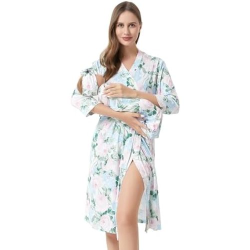XL - Galabloomer Flower Maternity Robe and Baby Receiving Blanket, Matching Mommy Labor Delivery Robe and Swaddle Set
