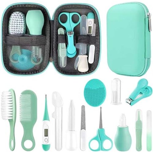 Baby Grooming Kit, Infant Safety Care Set with Hair Brush Comb Nail Clipper Nasal Aspirator,Baby Essentials Kit for Newborn Girls Boys (Grey White)