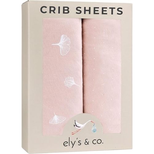 Ely’s & Co. Crib Sheet 2-Pack — Combed, 100% Jersey Cotton for Baby Girl — Rosewater Pink, Pin Dots & Gingko Leaves 52” x 28”