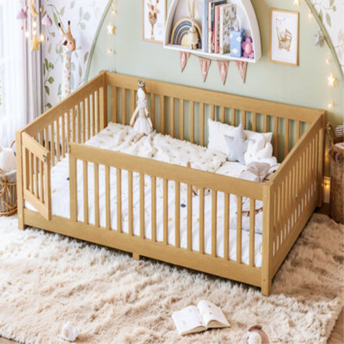 Rebrilliant Queen Size Bed Floor Bed with Safety Guardrails and Door for Kids | Wayfair