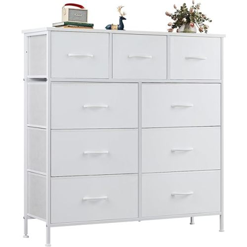 OLIXIS Dresser for Bedroom, 9 Storage Drawers, Wide Fabric Closet Chests Organizer Tower Furniture, TV Stand with Wooden Top Metal Frame for Clothes, Living Room, Hallway, Entryway, Classic White