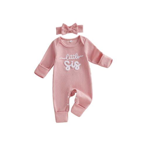 BemeyourBBs Newborn Baby Girls Little Sister Outfits Waffle Knit Romper Little SisLetter Embroidery Long Sleeve Back Ruffled Jumpsuit with Headband Spring Fall Winter Clothes