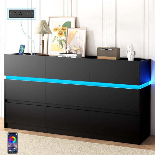 Winkalon 9 Drawer Dresser with LED Lights and Charging Station, Modern Wood Chest Organizer for Bedroom, Living Room, Hallway ,Black