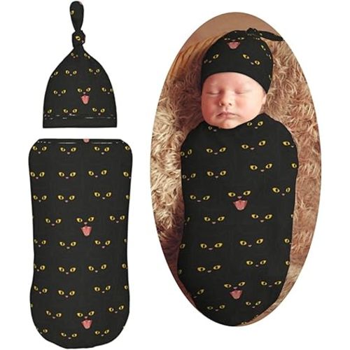 Black Cats Cute Newborn Swaddle Blankets Hat Sets Soft Baby Receiving Blanket Swaddle Sack for Baby Shower Infant Boy Girl Gift