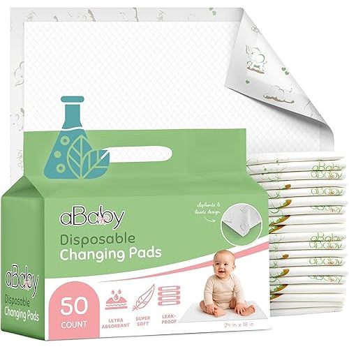 Disposable Changing Pads for Baby (50 Pack) Super Soft and Ultra Absorbent Baby Changing Pad - Leak Proof Diaper Changing Pads for Stress-Free Baby Diaper Changes - Green Elephant