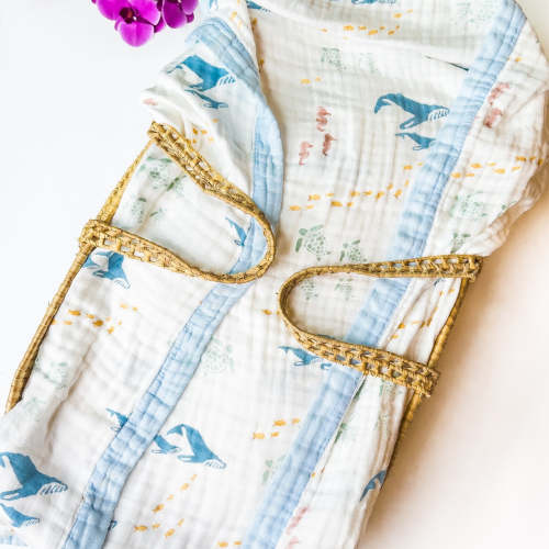 Sea Animals – Blue Trim | 6-Layer Organic Bamboo Muslin Baby Blanket – Coca + B.