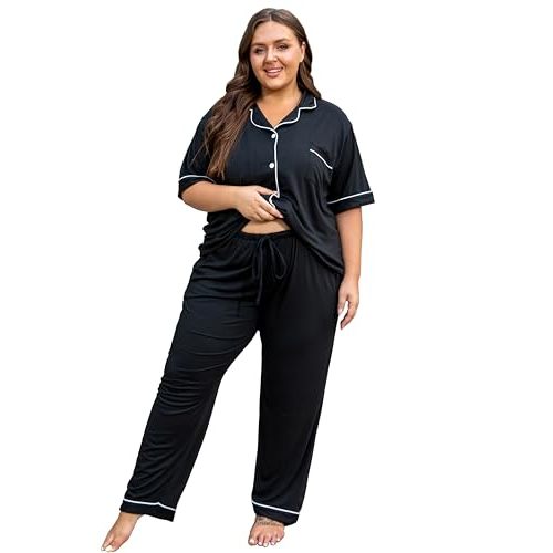 Vozanet Women's Plus Size Pajamas Button Down Shirt and Pants Soft Lounge Sets Bride Nighty Bottom with Pockets 1x to 5x