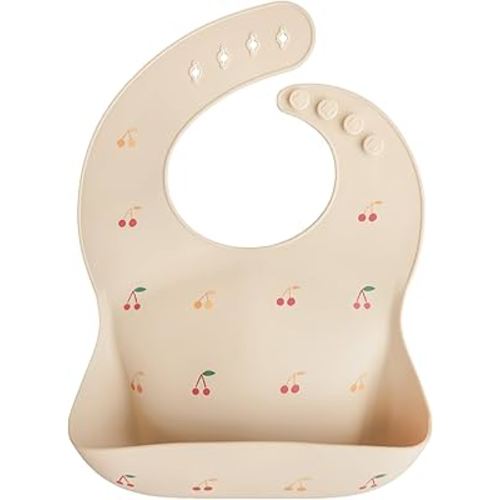 mushie Silicone Baby Bib | Adjustable Fit Waterproof Bibs (Cherries)