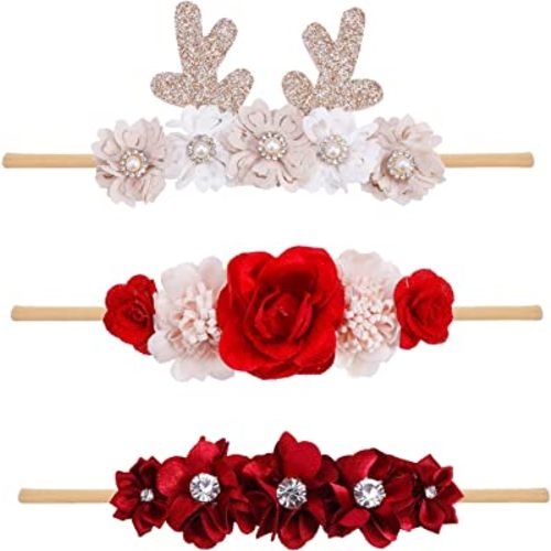 cherrboll 3pcs Baby Girl Flower Headbands, Super Soft & Stretchy Red Floral Hairbands for Newborn Toddler Christmas