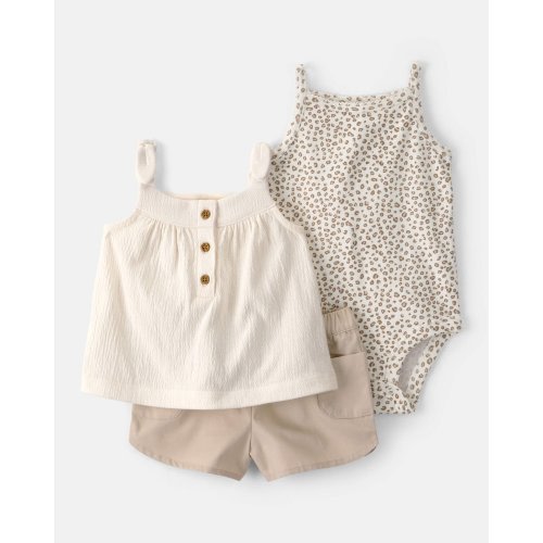 Baby Girl 3-Piece Cheetah Top, Bodysuit & Short Set - Khaki/Ivory | Carter's