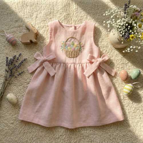 Easter Egg Hand Embroidered Linen Dress, Floral Soft Linen Dress, Toddler Easter Day Outfit, Bunny Easter Day Dress For Girls, Easter Gift