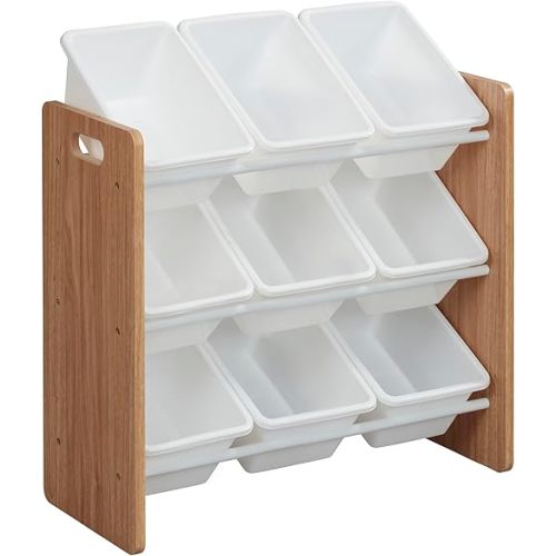 ECR4Kids 3-Tier Organizer with 9 Removable Plastic Bins, 3x3, Toy Storage, Dark Natural/White