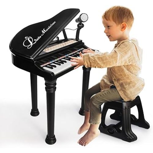 Love&Mini Piano Keyboard Toy for Kids - 31 Keys Toddlers Black Piano Toy with Microphone and Stool for Kids Age 3+ Years Old Girls Boys Birthday Gift