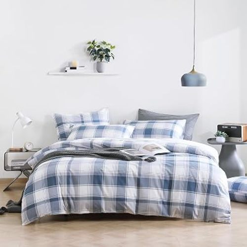 LEMIROE Vintage Cotton Comforter Queen Size 3Pcs - Classic Tartan Plaid Pattern with Denim Blue, Soft Gray and White, Lightweight Bedding Sets with Soft Fill(1 Comfoter 90"×90", 2 Pillowcases)