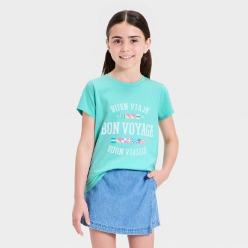 Girls' Short Sleeve 'Bon Voyage' Graphic T-Shirt - Cat & Jack™ Aqua Green S