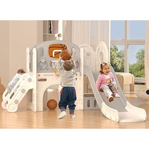 XJD 8 in 1 Toddler Slide Set, Kids Slide for Toddlers Age 1+, Toddler Climber Slide PlaySet with Basketball Hoop and Ball,Outdoor Indoor Playground for Toddlers 1-3 (Beige Grey, 8 in 1)