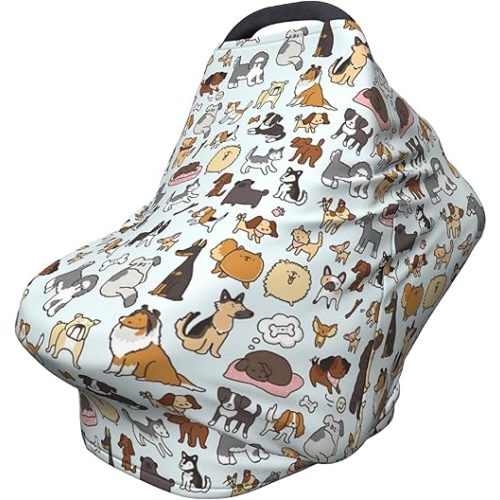 Cute Dog Car Seat Covers Baby - Multi-use Nursing Car Seat Canopy Cover for Breastfeeding, Infant Stroller Cover, High Stretchy Chair Cover for Bbies Boys & Girls