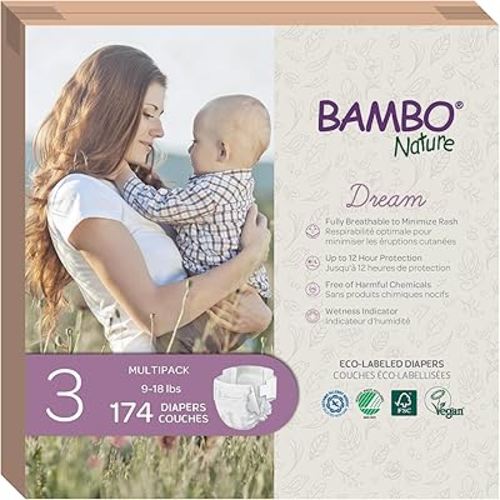 Bambo Nature Hypoallergenic Baby Diapers, Eco-Labelled Sustainable Diapers, Enhanced Leakage Protection, Totally Chlorine-free, Skin Friendly, and Super Absorbent - Size 3 (174 Count)