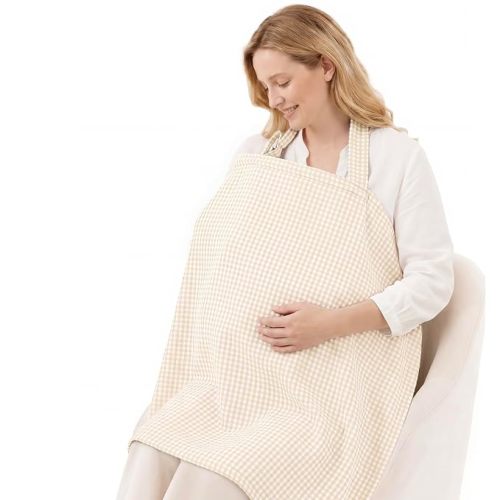 Blissful Diary Muslin Nursing Cover for Breastfeeding, Breathable Breastfeeding Cover up with Arch Neckline for Women, Nursing Apron (Beige Gingham)
