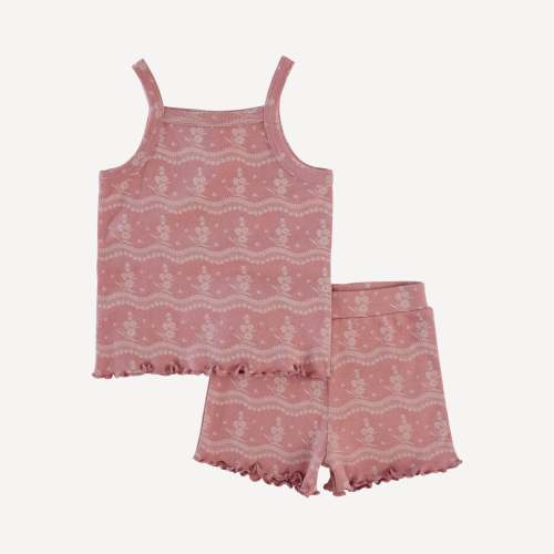 lettuce spaghetti strap tank + lettuce short set | old rose floral lace | organic cotton interlock