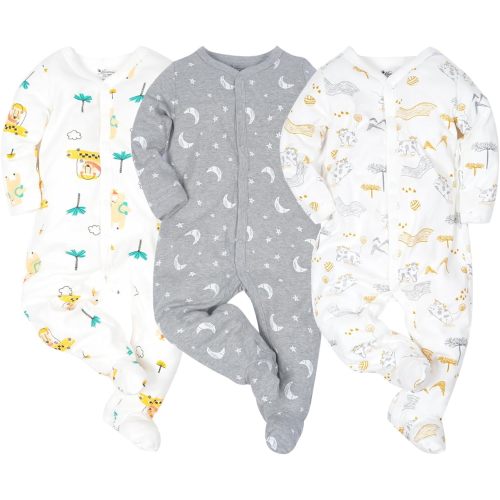 Minicoco Baby Boys Girls Cotton Footies Multi Pack Long Sleeve Baby Footed One-Piece Jumpsuit Multi Pack (3, The Moon and Stars, 3-6 Months)