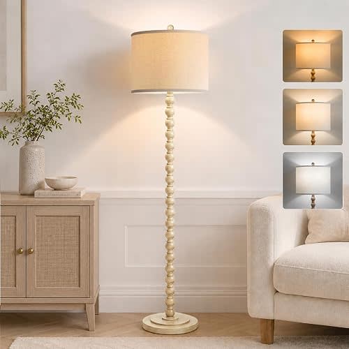 OFOWEIOUY 62" Farmhouse Floor Lamp with 9W LED Bulb & Beige Lampshade