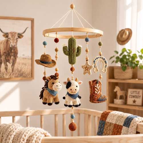 Cowboy Baby Mobile, Western Nursery Crib Mobile, Crochet Horse Cow Cactus Decor, Handmade Rustic Baby Shower Gift
