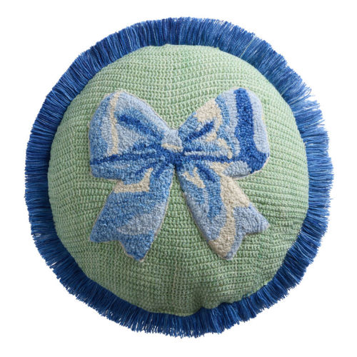 Round Blue and Green Tufted Bow Indoor Outdoor Throw Pillow