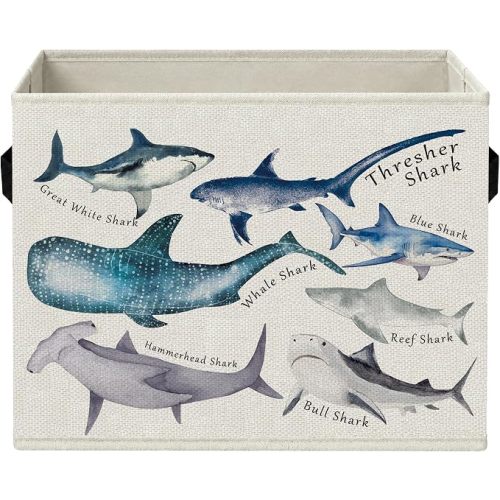 Coastal Beach Shark Nursery Storage Bins with Handles, Nautical Ocean Shark Marine Life Foldable Collapsible Storage Basket Organizer for Kids Nursery Room Bedroom Bathroom Books Clothes