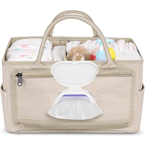 Volnamal Diaper Caddy with Wipe Dispenser One-Handed Access, Premium Diaper Organizer, Portable Car Organizer Nursery Basket for Newborn Essentials, Baby Registry Must Haves for Boys & Girls, Beige